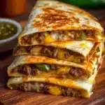 Cheeseburger quesadillas served with dipping sauce on a plate