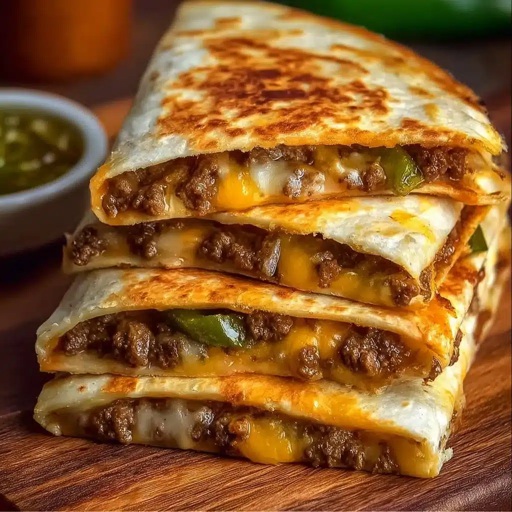 Cheeseburger quesadillas served with dipping sauce on a plate