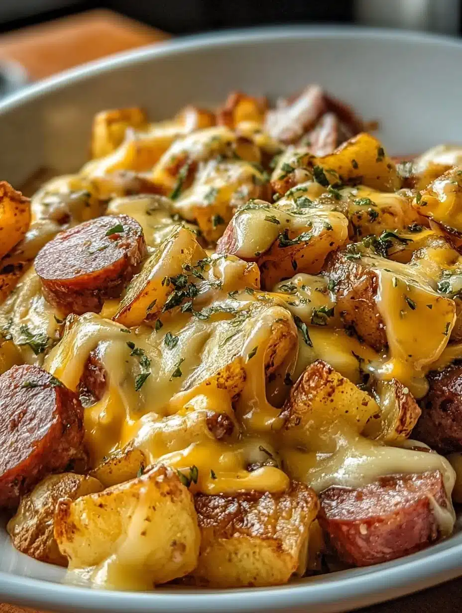 Cheesy Ranch Potatoes served with smoked sausage on a plate.