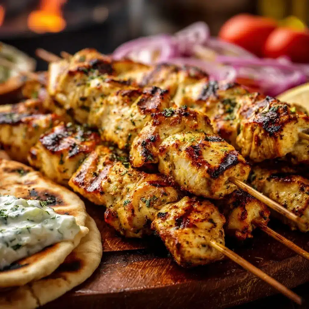Grilled chicken souvlaki skewers served with vegetables and tzatziki sauce