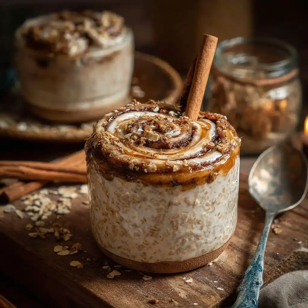Bowl of cinnamon roll overnight oats topped with cinnamon and nuts