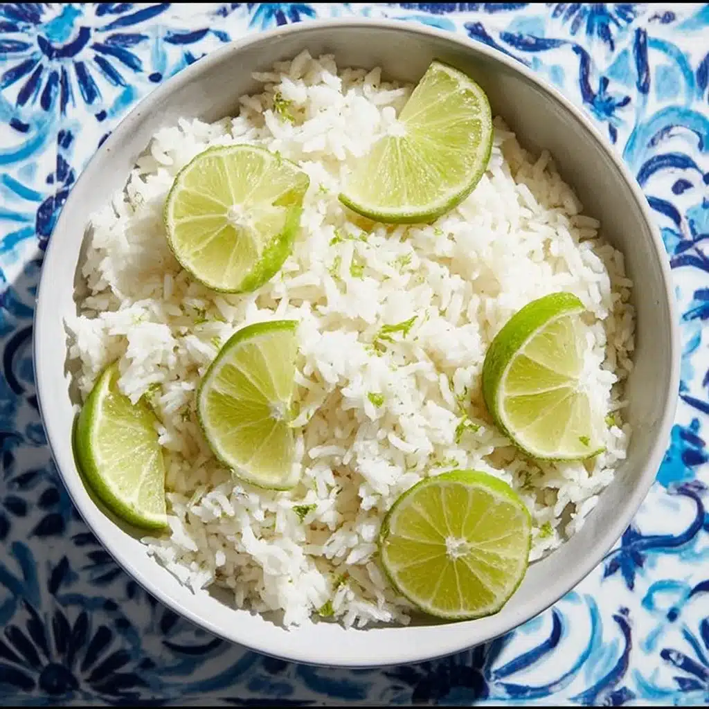 Delicious bowl of Coconut Lime Rice with fresh lime and coconut flakes