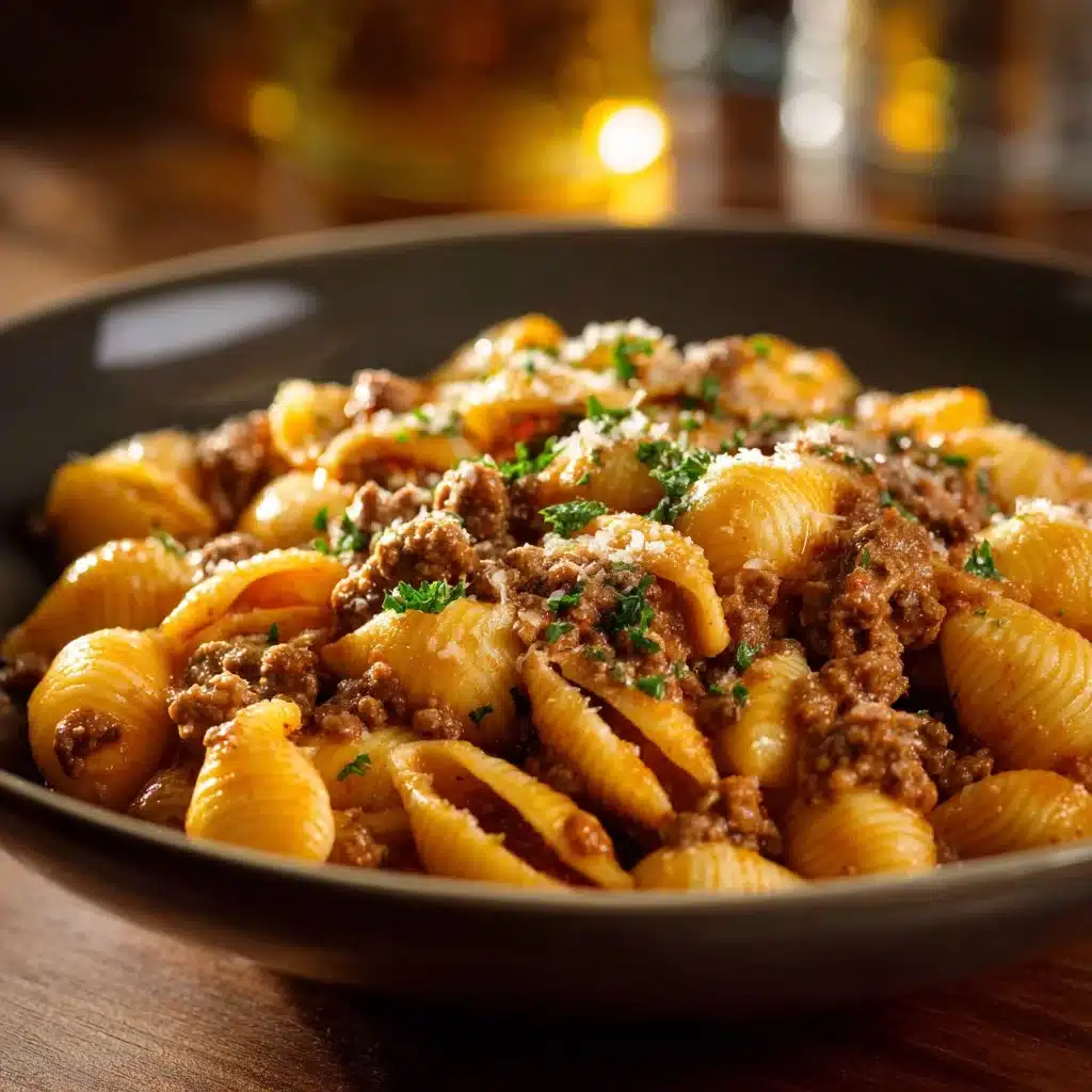 Creamy beef and shells recipe served in a bowl with parsley garnish.
