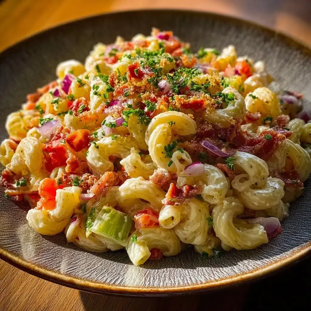 Bowl of creamy macaroni salad garnished with parsley and diced vegetables