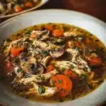 Creamy rotisserie chicken mushroom soup garnished with herbs