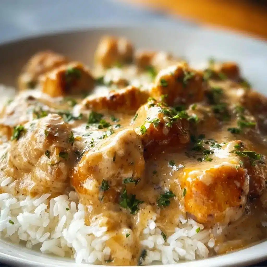 Plate of creamy smothered chicken and rice garnished with herbs