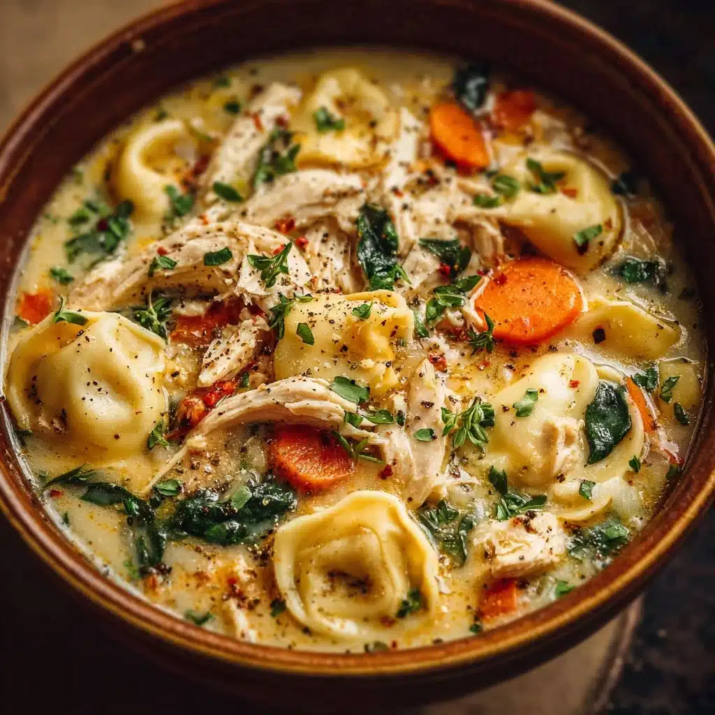 Bowl of delicious Crockpot chicken tortellini soup with fresh vegetables and herbs
