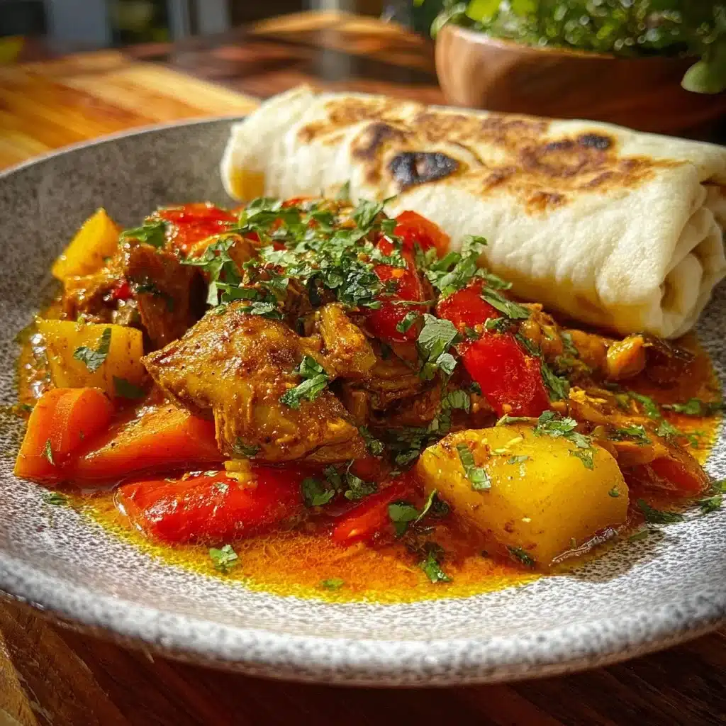 Delicious Curry Chicken Roti served with fresh herbs and spices.