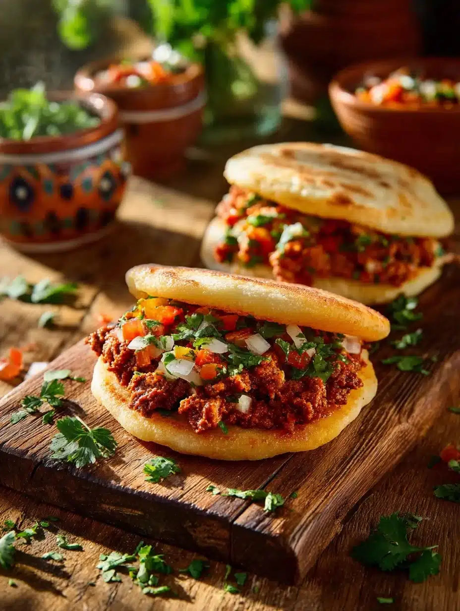 A plate of delicious gorditas topped with various fillings and sauces.