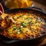 Delicious bowl of easy 3 ingredient chili cheese dip served with tortilla chips.