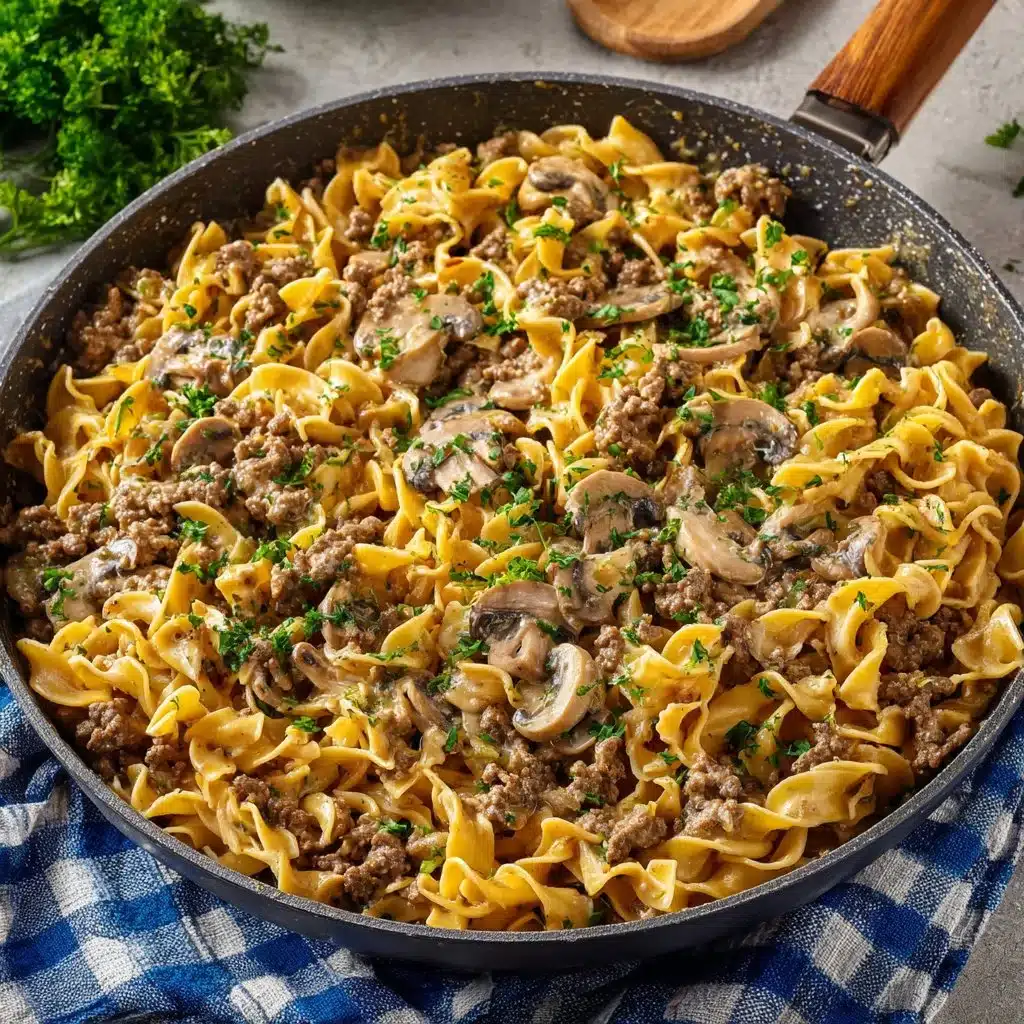 Creamy easy ground beef stroganoff served with egg noodles