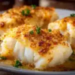 Plate of easy oven baked cod with lemon and herbs