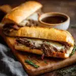 Delicious French Dip Sandwich with roast beef and au jus for dipping
