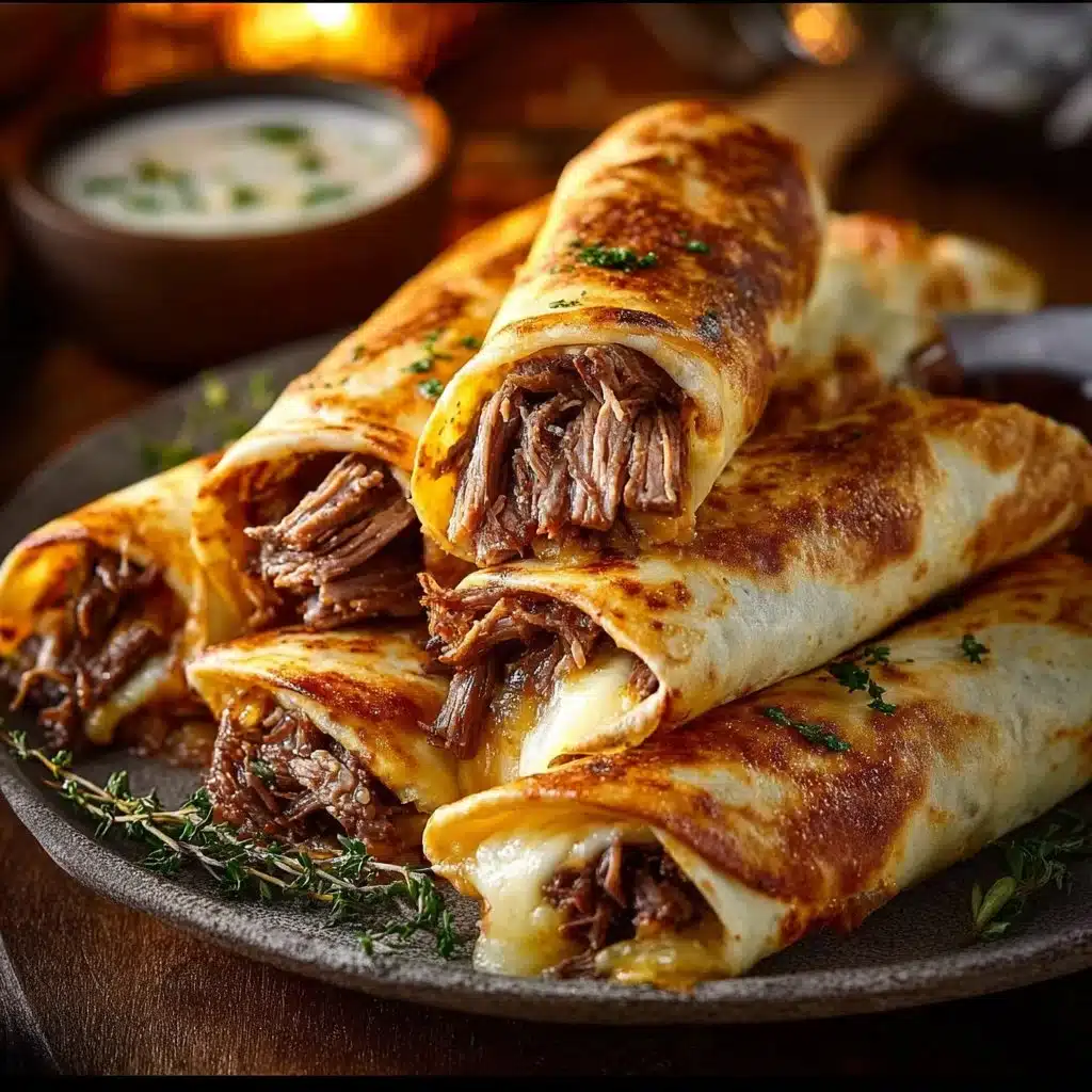 French Dip Tortilla Roll Ups served on a plate, garnished with herbs.