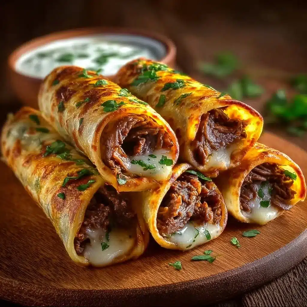 French Dip Tortilla Roll Ups served on a platter with dipping sauce