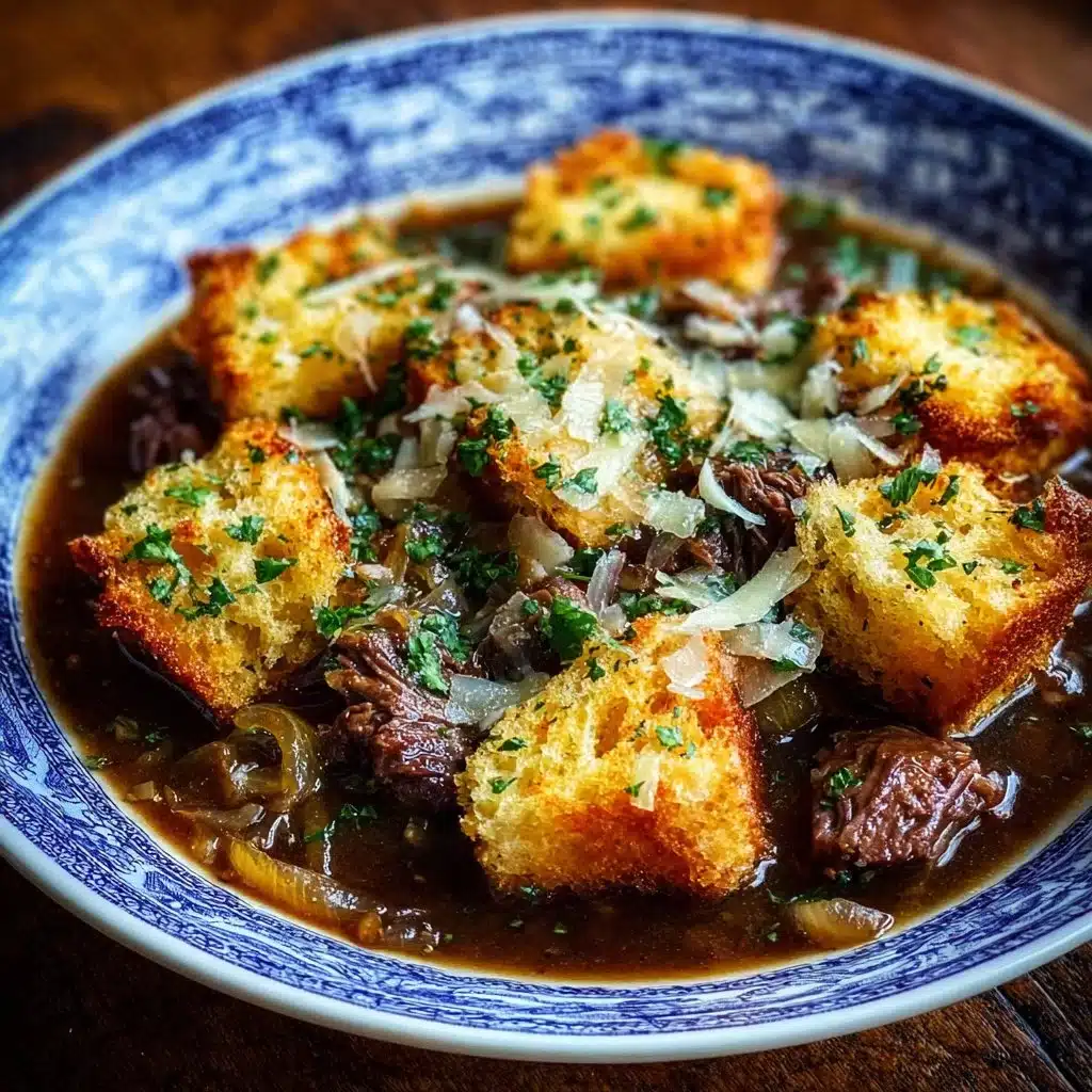Rich and flavorful French Onion Beef Stew served in a bowl