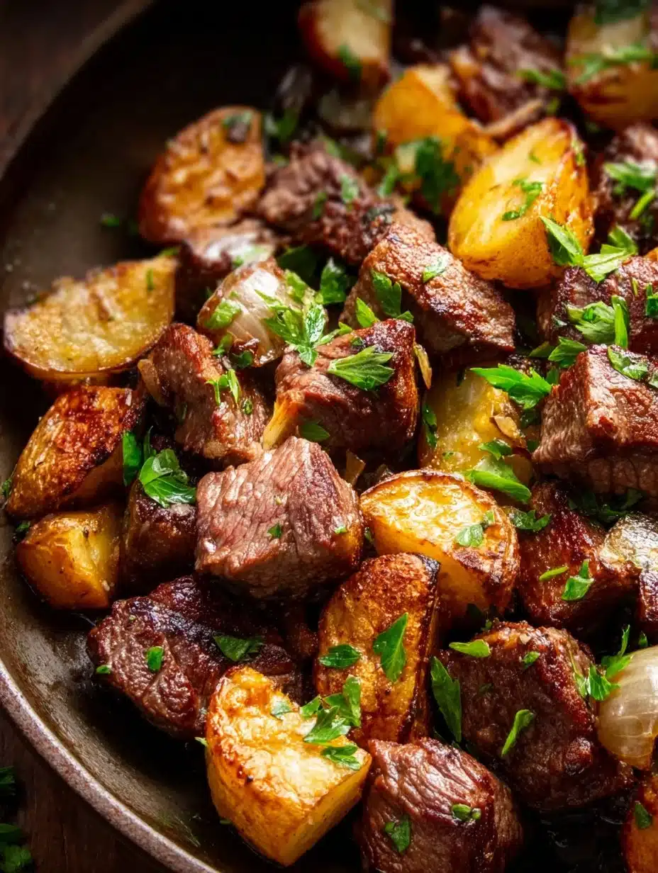 Garlic Butter Steak Bites served with roasted potatoes on a plate