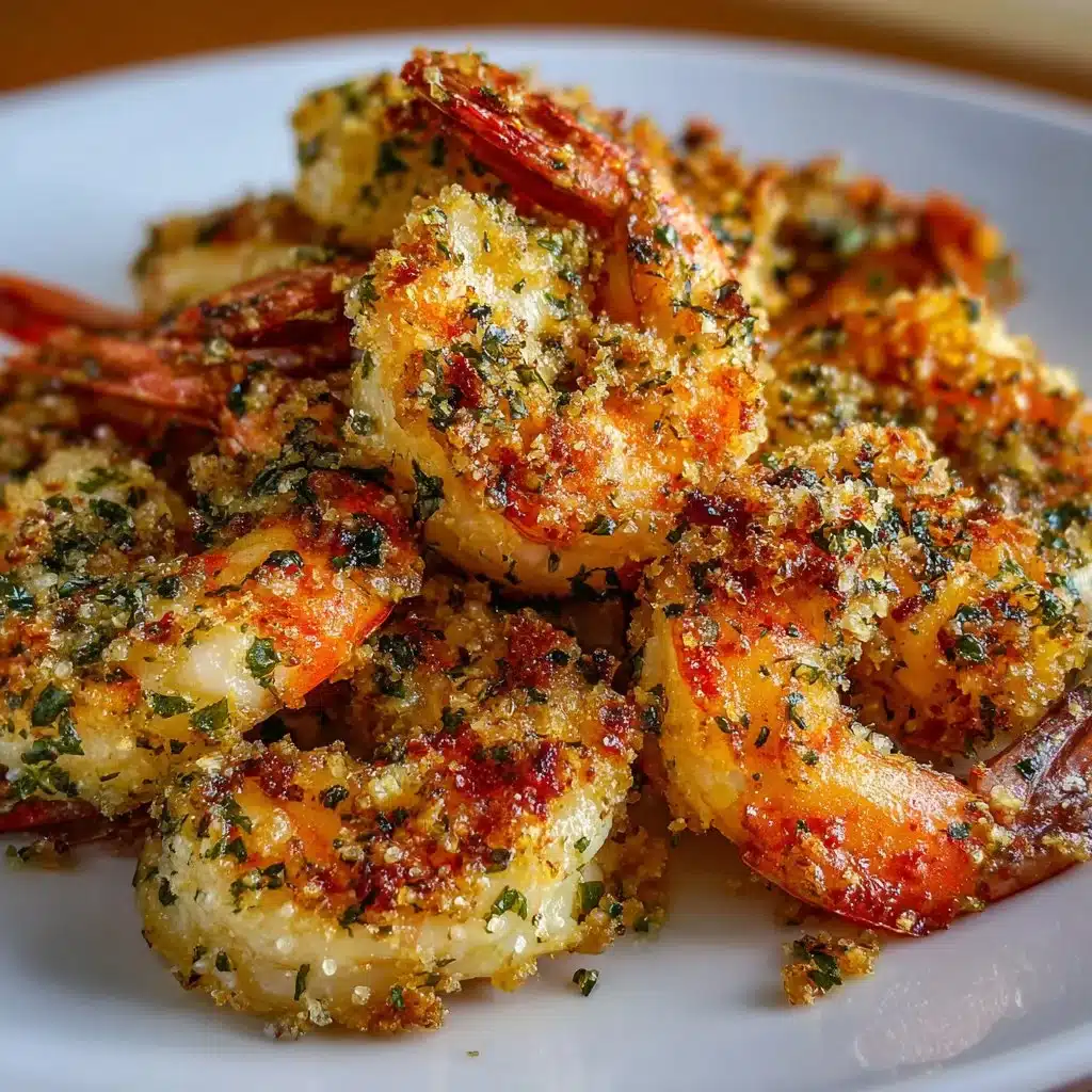 Plate of Garlic Herb-Baked Shrimp Oreganata garnished with herbs and lemon