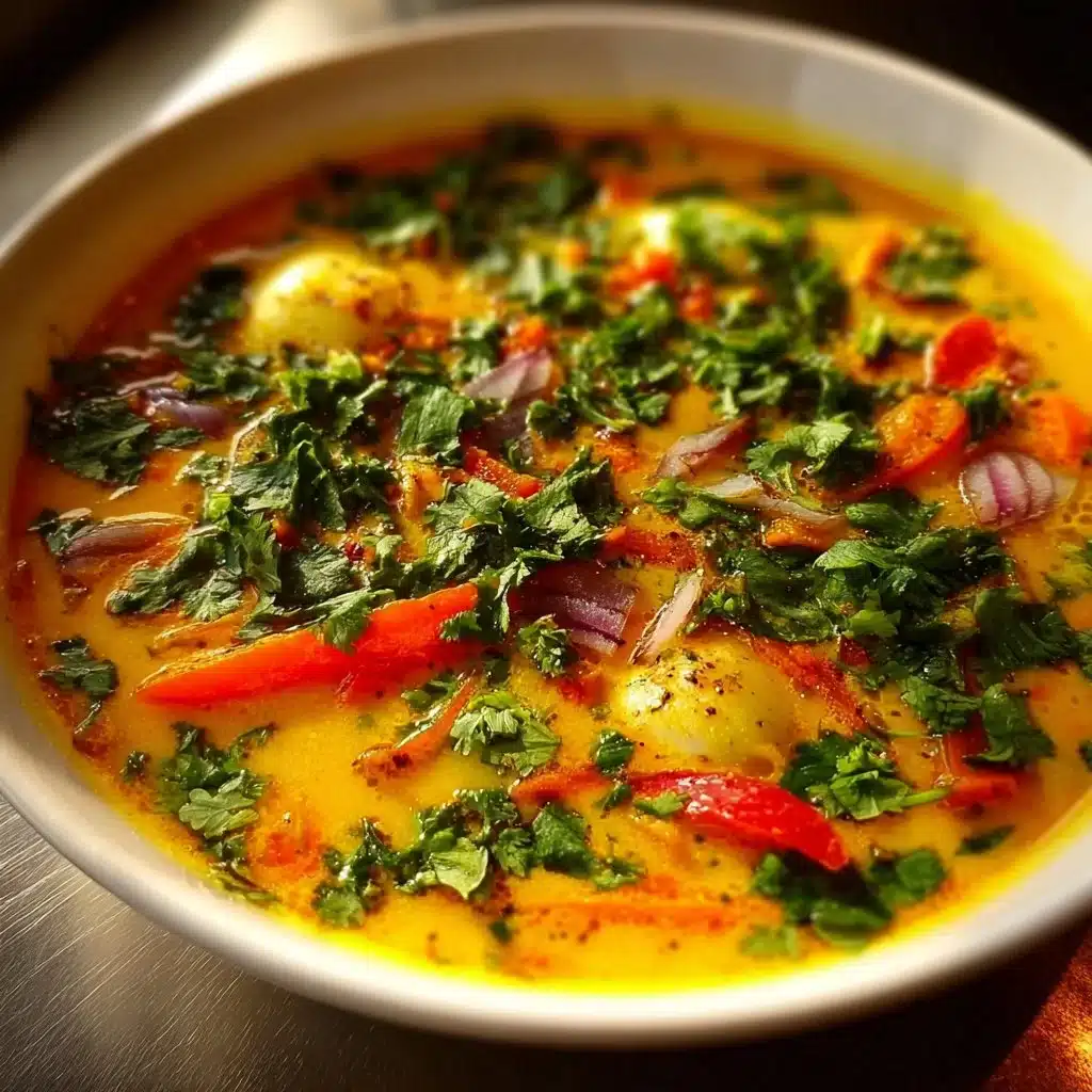 A bowl of Ginger Turmeric Coconut Soup topped with fresh herbs and spices.