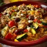 A savory Greek casserole with layers of vegetables, feta cheese, and herbs