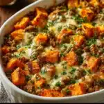 Ground Turkey Sweet Potato Bake dish served on a plate