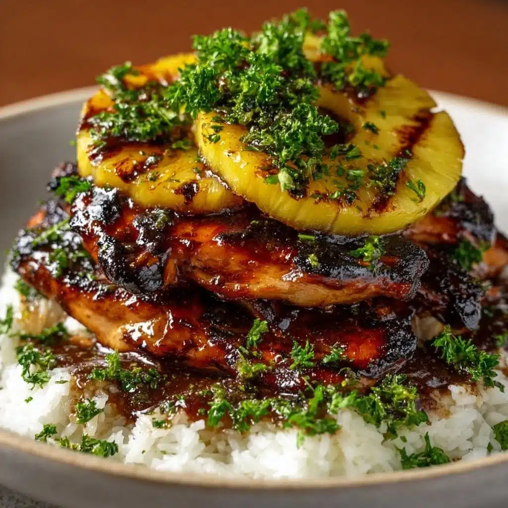 Hawaii-inspired Huli Huli Chicken Stack garnished and served on a plate