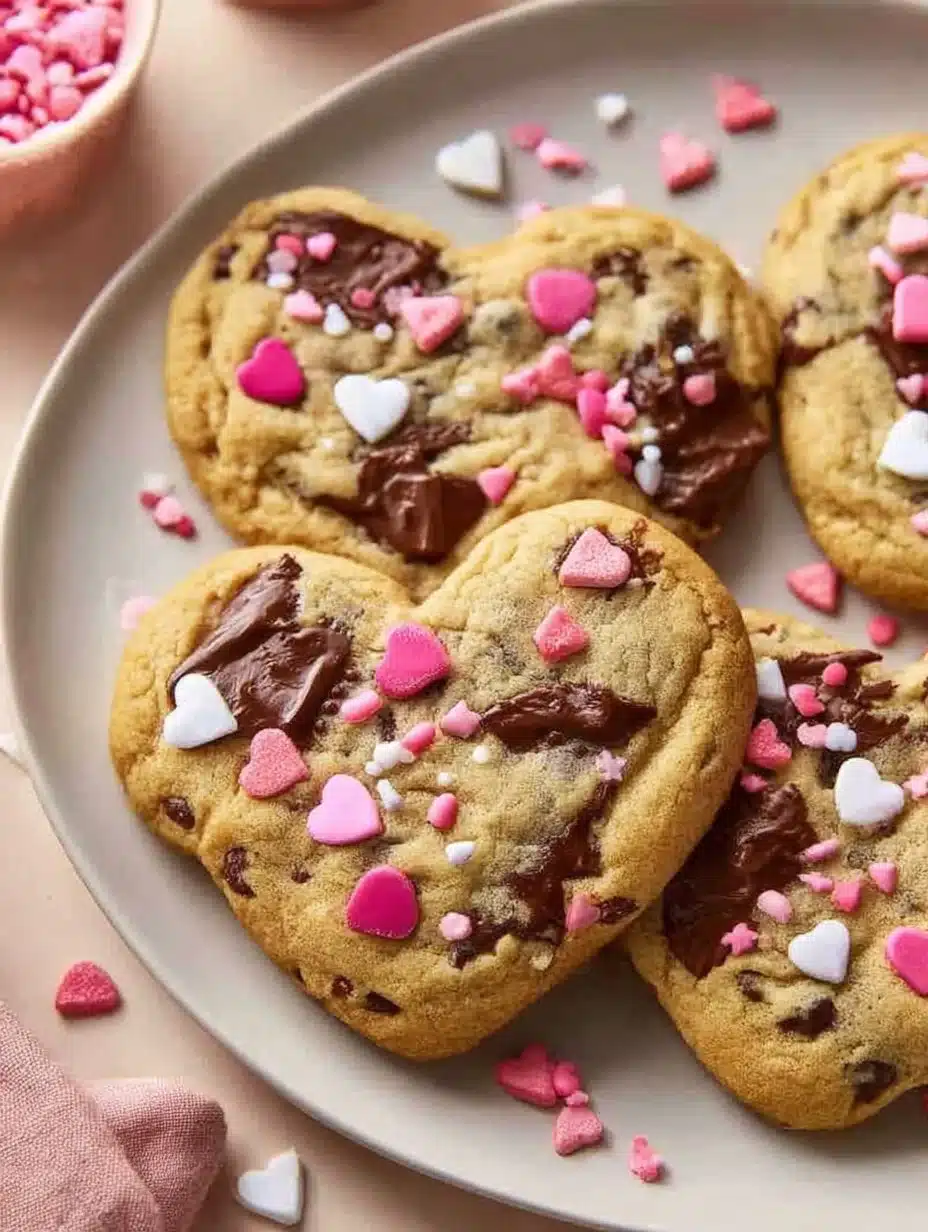 Heart-shaped chocolate chip cookies fresh out of the oven