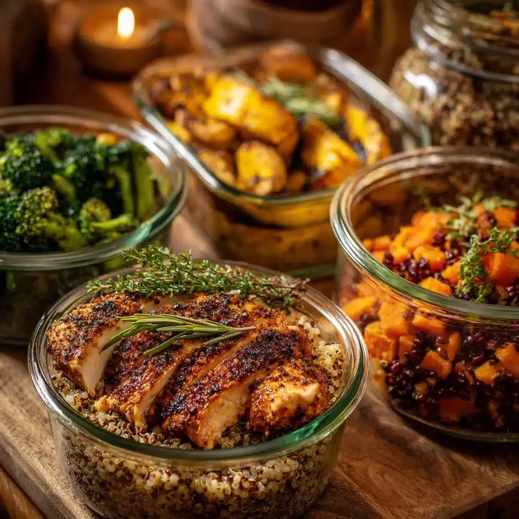 High-protein meal prep containers filled with healthy ingredients and meals.