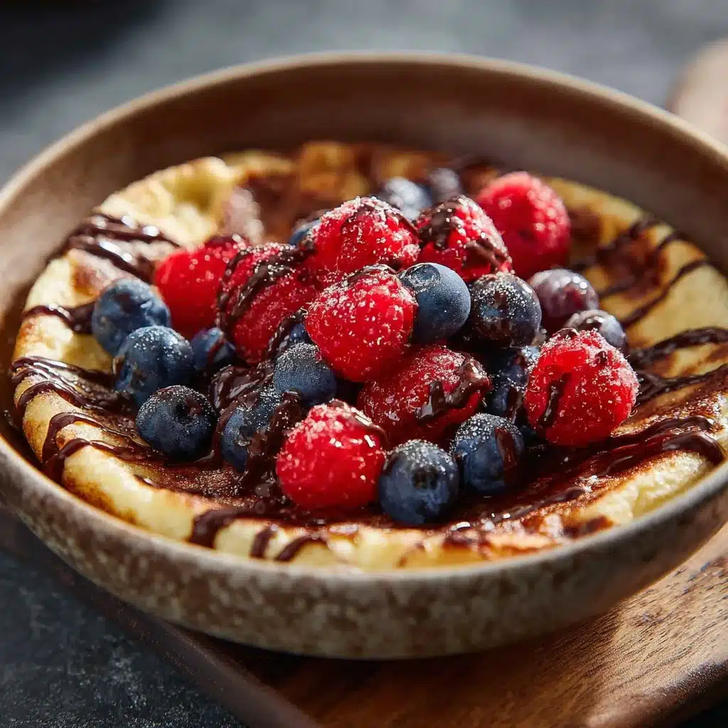 High protein pancake bowl topped with fresh fruits and nuts