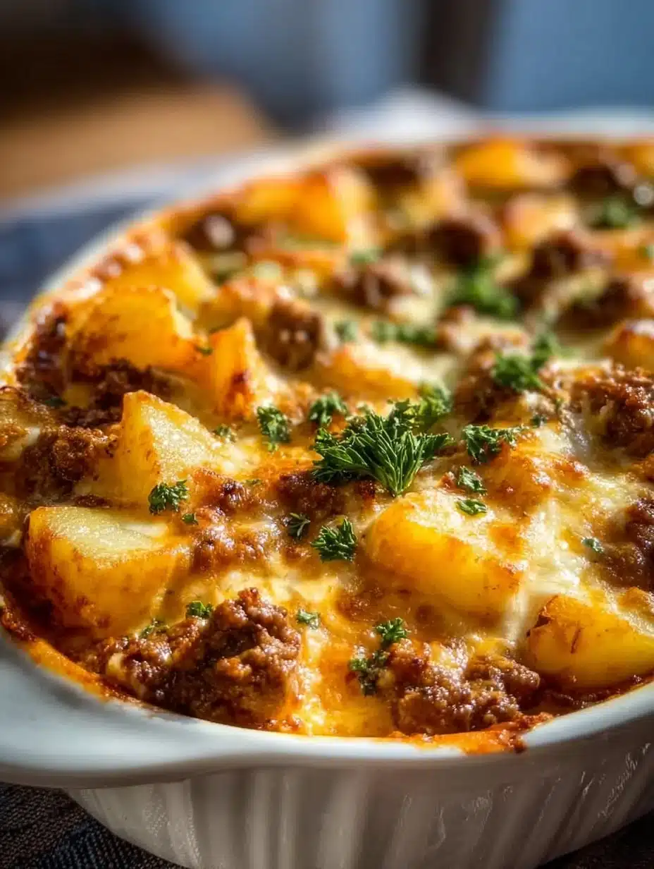 Delicious Hobo Casserole baked with ground beef, vegetables, and cheese.