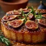 Honey and Rosemary Upside Down Fig Cake topped with fresh figs and rosemary sprigs.