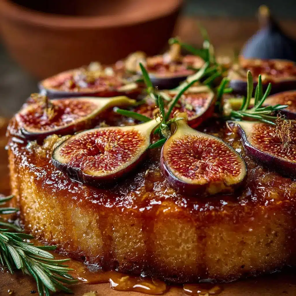 Honey and Rosemary Upside Down Fig Cake topped with fresh figs and rosemary sprigs.