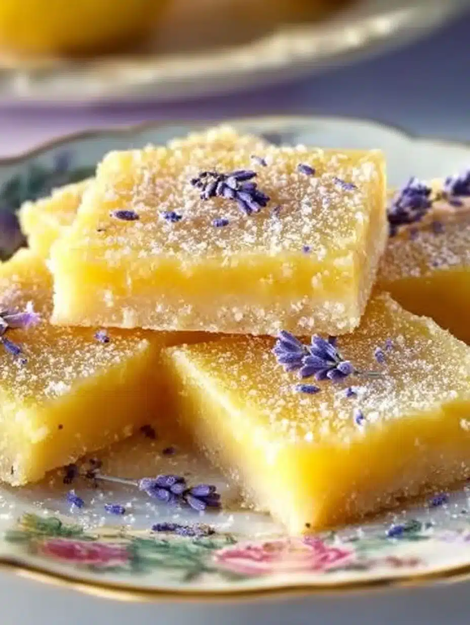 Delicious Lavender Lemon Bars with a vibrant yellow lemon layer and lavender garnish.