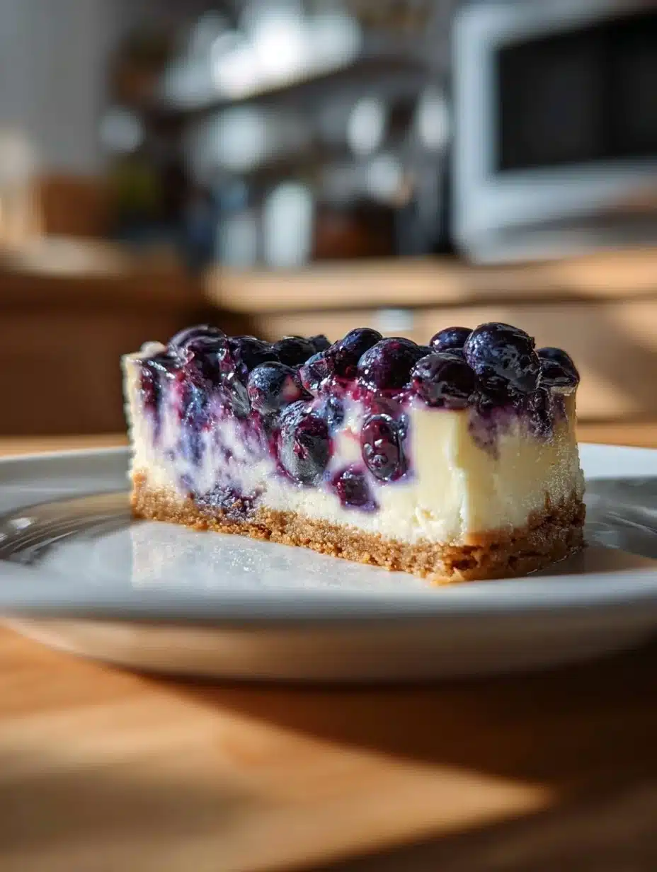 Lavender Lemon Blueberry Cheesecake topped with fresh blueberries and lemon zest