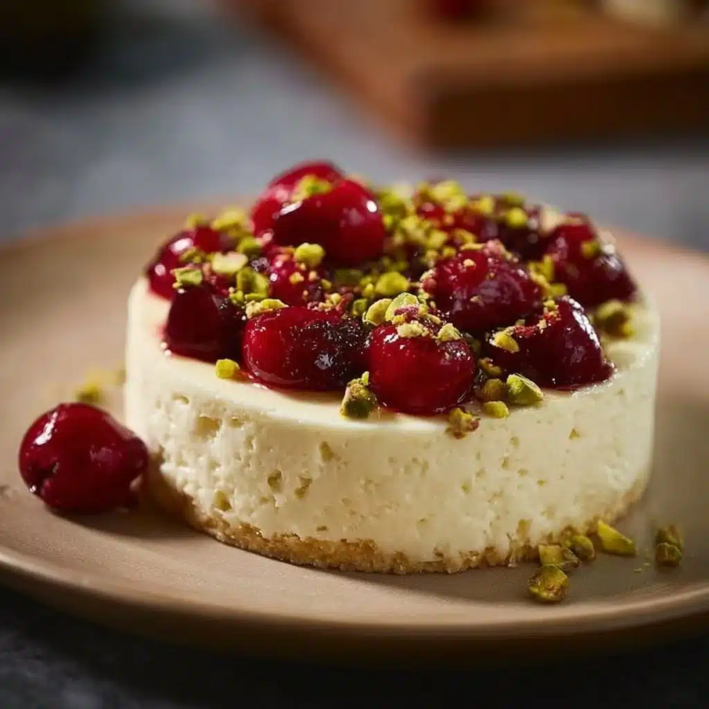 Delicious Lemon-Lime Cherry Pistachio Cheesecake topped with cherry and lime slices