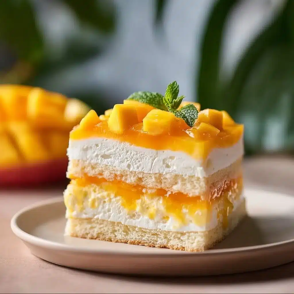 Slice of mango tres leches cake with fresh mango slices on top
