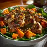 Maple Dijon Chicken with roasted sweet potatoes in a vibrant bowl.