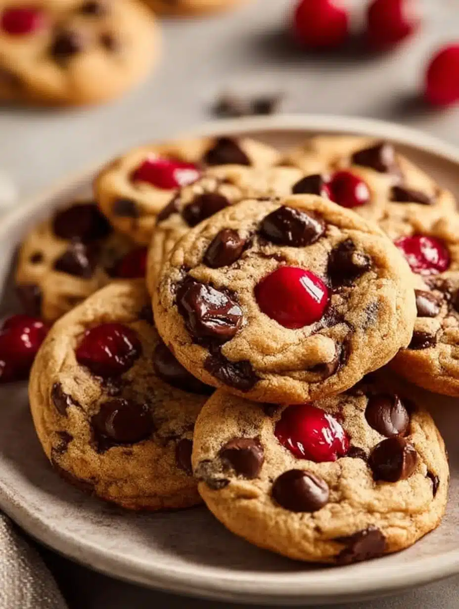 Delicious maraschino cherry chocolate chip cookies on a plate