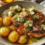 Delicious Mediterranean Chicken served with crispy potatoes and lemon feta dip