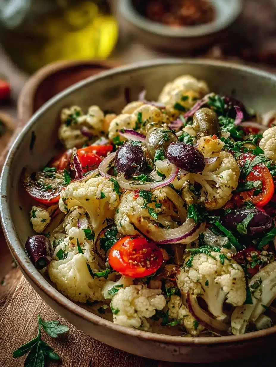 Mediterranean marinated cauliflower salad with fresh ingredients and vibrant colors
