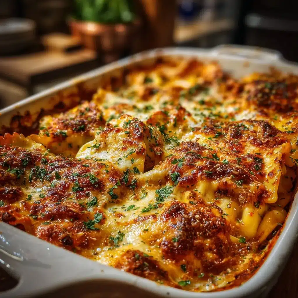 Delicious Million Dollar Ravioli Casserole topped with cheese and herbs