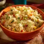 Serving of Nigerian Coconut Rice garnished with herbs