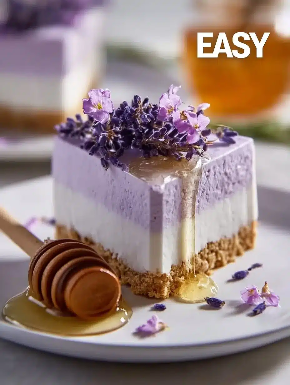 No Bake Honey Lavender Cheesecake topped with lavender flowers