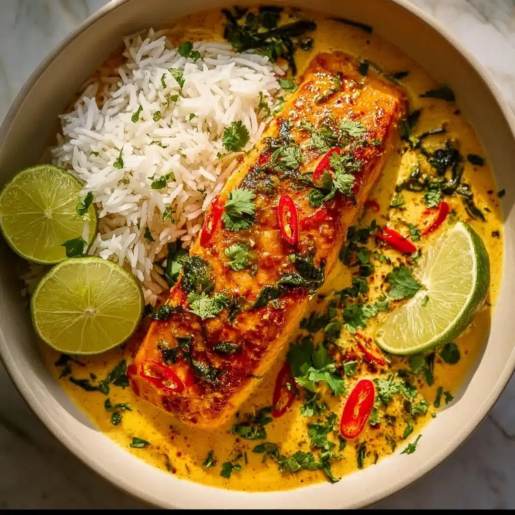 One Pan Coconut Curry Salmon garnished with garlic butter and fresh herbs