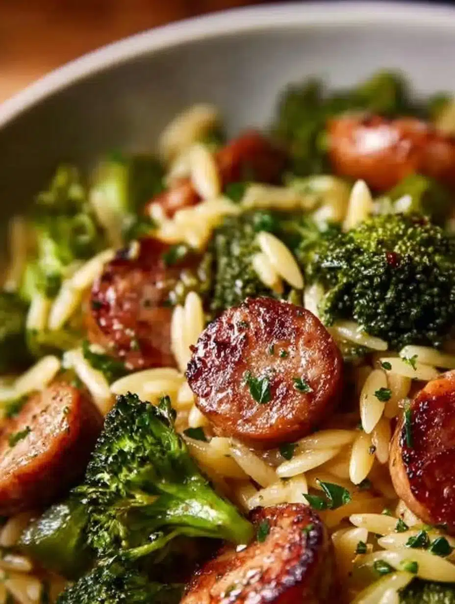 One-Pan Creamy Orzo with Chicken Sausage and Broccoli in a skillet
