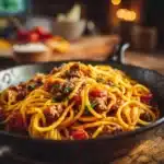 One Pot Cowboy Spaghetti ready to serve with fresh ingredients