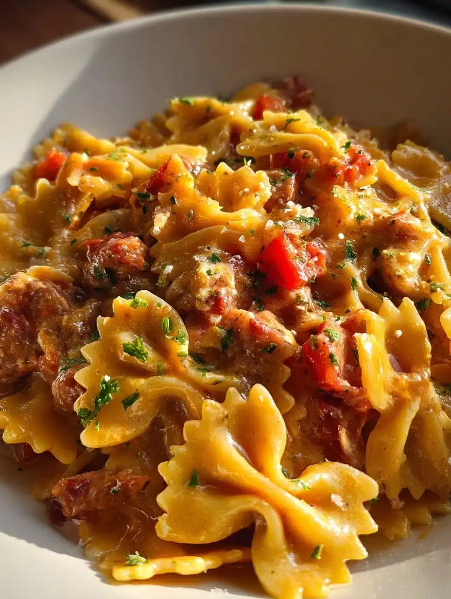 One Pot Creamy Cajun Sausage Pasta in a skillet with fresh herbs
