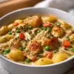 One Pot Gnocchi Chicken Pot Pie served in a bowl with vegetables and herbs.