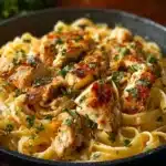 One Pot Marry Me Chicken Pasta in a skillet garnished with parsley.