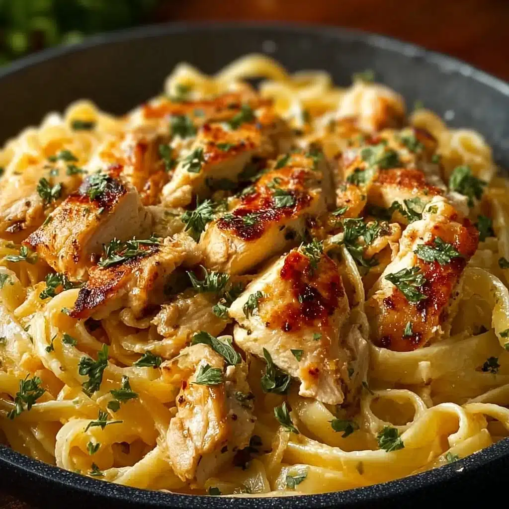 One Pot Marry Me Chicken Pasta in a skillet garnished with parsley.